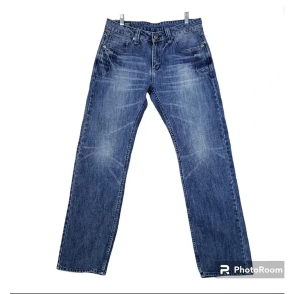 RRJ Original Jeans Men's Straight Blue Jeans Size 34 Blue Embroidered 5 Pocket